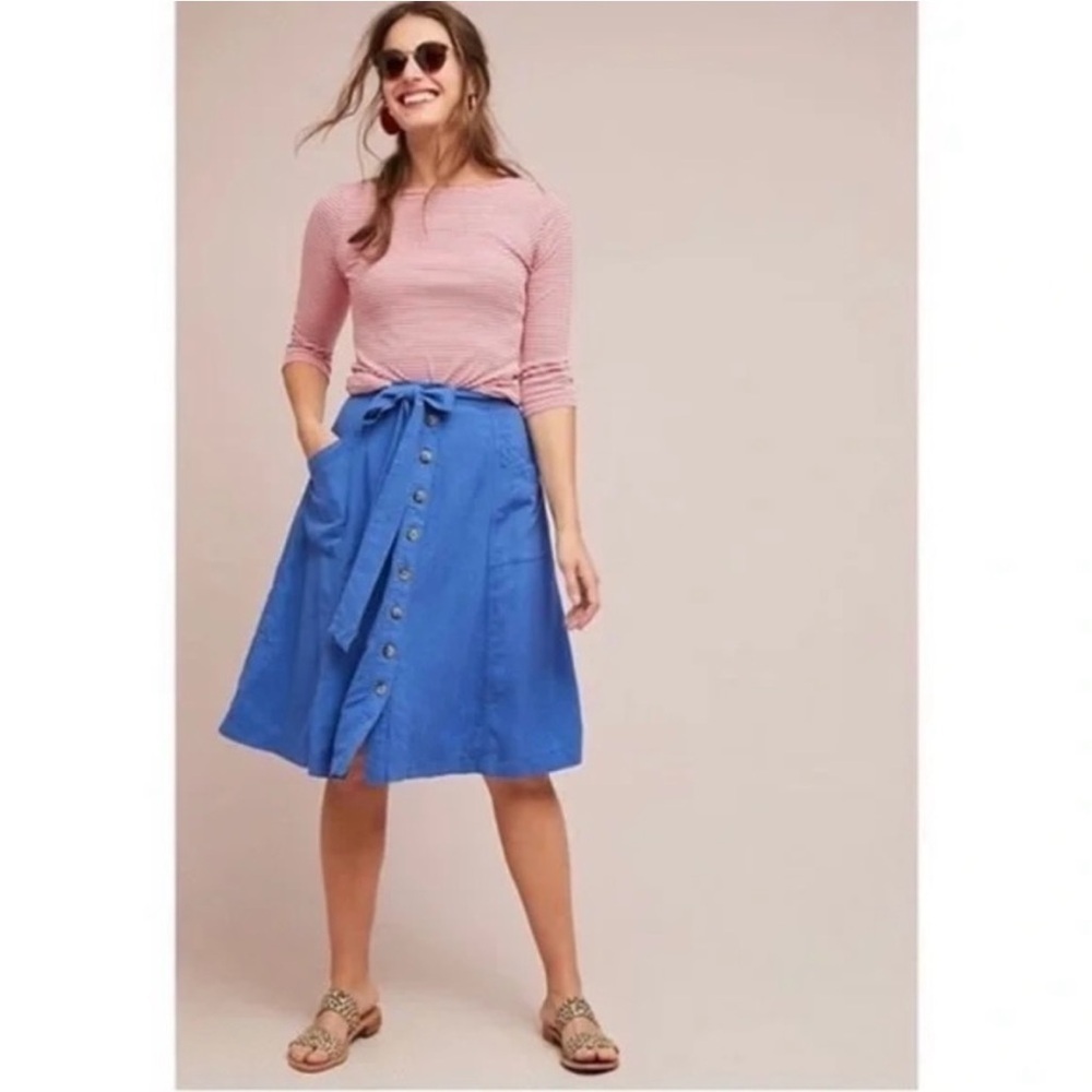 EUC Anthropology Maeve Blue Linen blnd A-Line Midi Tie Front Button Down Pockets